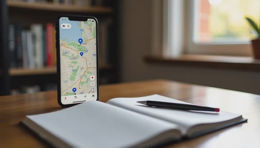 Downloading offline maps while still on Wi-Fi Smartphone screen showing offline map download progress on a wooden desk next to a notebook.