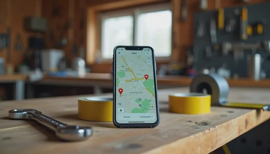 Offline maps and simple tools that survive real field conditions Smartphone showing offline maps next to basic hand tools on a wooden garage workbench.