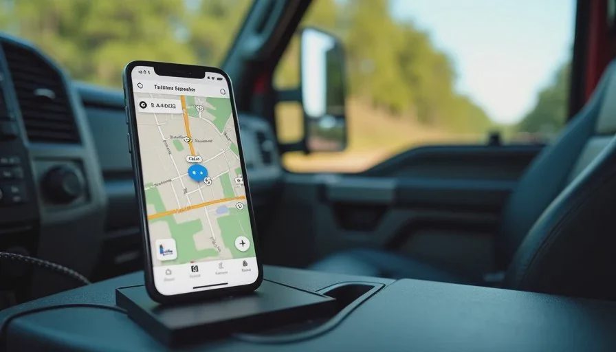 Offline map still working inside the truck with no signal Smartphone with offline map open on the center console of a work truck while parked near trees.