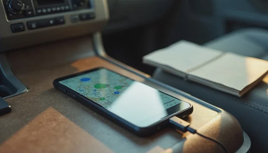 Phone setup that still works inside a real work truck Smartphone with offline maps open resting on the center console of a work truck cab.