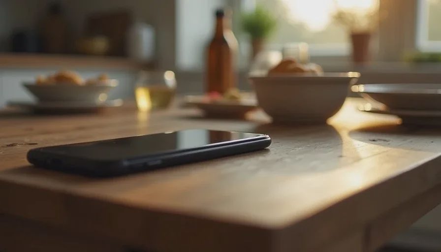 Keeping the phone quiet during family time Smartphone set aside on a kitchen table during a family meal, screen dark and quiet.