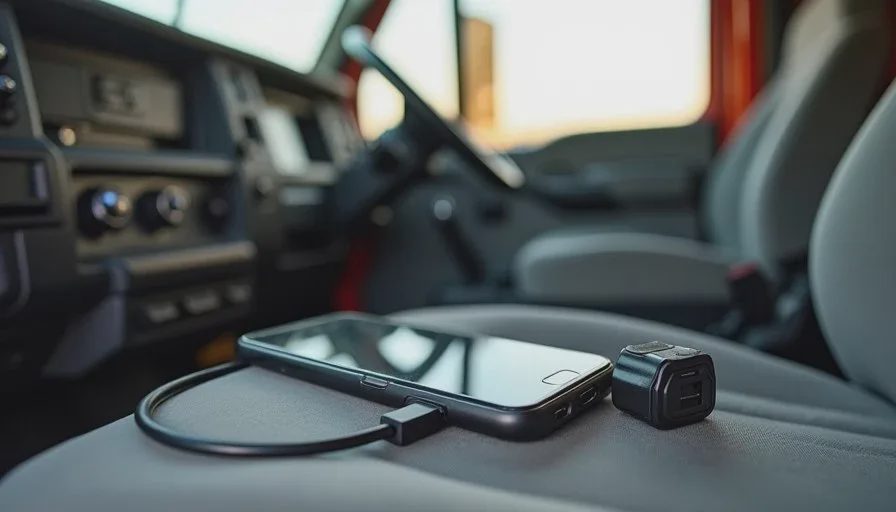 Essential phone gear that stays in the truck for field days Smartphone, compact power bank, and charging cable arranged on the seat of a work truck.