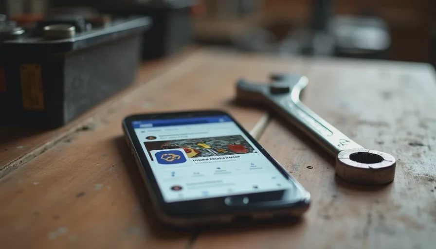 Reviewing a Marketplace tool listing before agreeing to meet Smartphone displaying a Facebook Marketplace tool listing next to a used wrench on a wooden table.