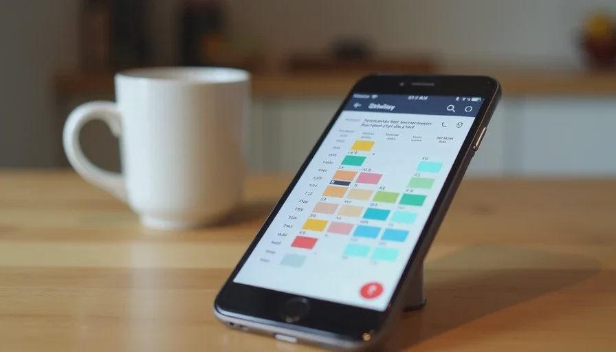 Color-coded shared calendar that makes conflicts visible at a glance Smartphone showing a color-coded shared family calendar on a kitchen counter next to a coffee mug.
