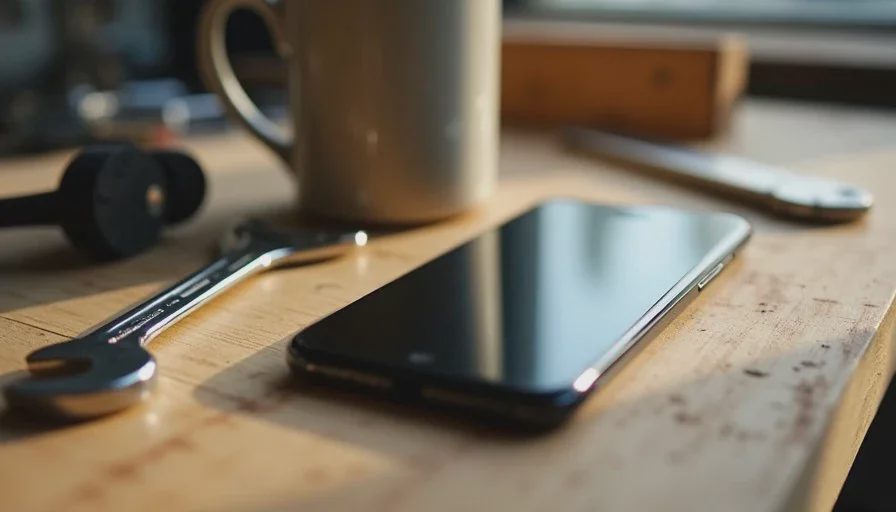 Phone face down during focused work to reduce interruptions Smartphone lying face down on a wooden workbench next to a wrench and coffee mug.