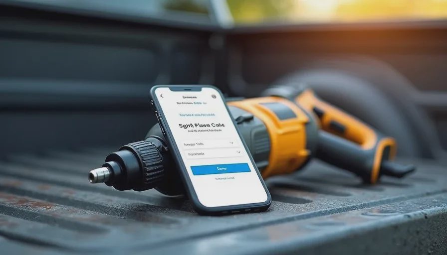 Smartphone showing a payment app confirmation next to a used power tool at an outdoor meetup.