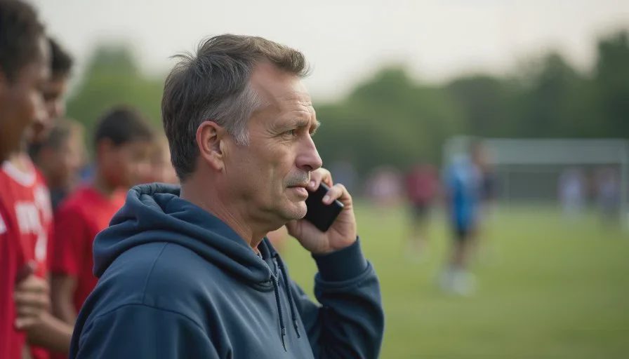 Stepping away briefly to keep the work call short and the game intact Parent stepping a short distance from the sideline to take a brief work call during a children’s game.