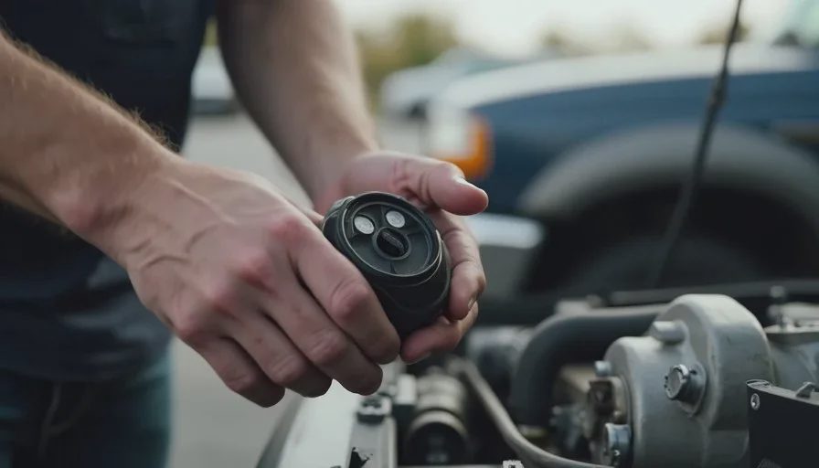 Buyer carefully inspecting a used part in a public parking lot before handing over payment.