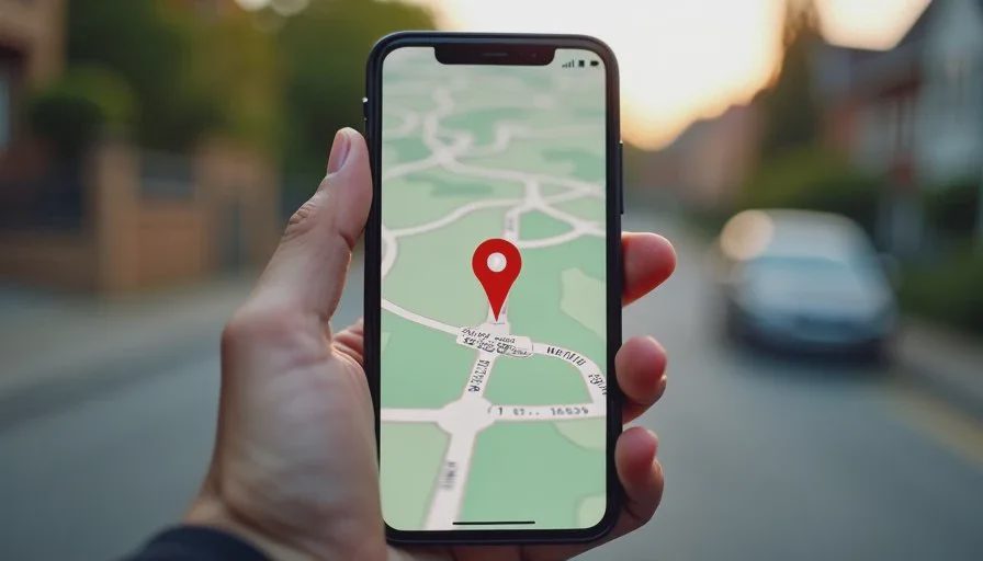 Map pin that does not match the real customer location Smartphone map showing a pin that does not match the actual residential buildings nearby.