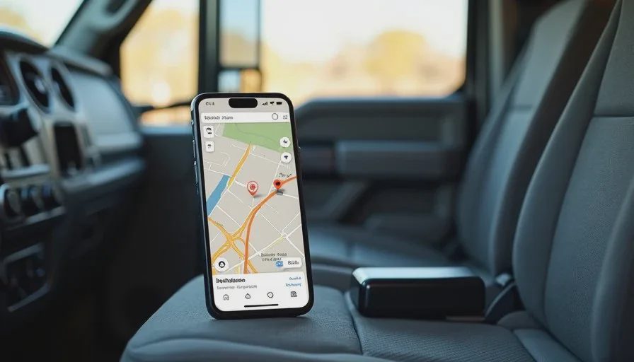 Offline maps and backup power that already cover most ordinary coverage gaps Smartphone with offline maps and a compact power bank resting on the seat of a work truck.