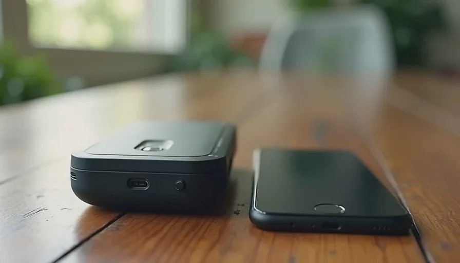 Comparing a satellite messenger to the phone already carried every day Compact satellite messenger device next to a smartphone on a wooden surface for size and purpose comparison.