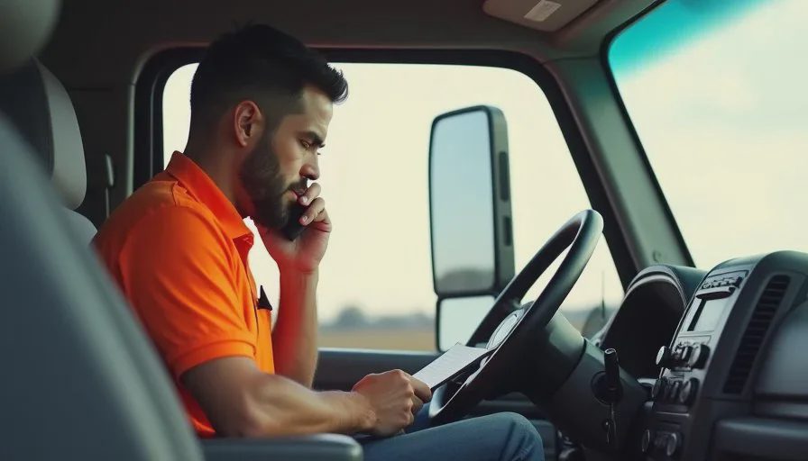 Calling the customer immediately to correct the address Technician sitting in the truck cab calling the customer to confirm the correct address.