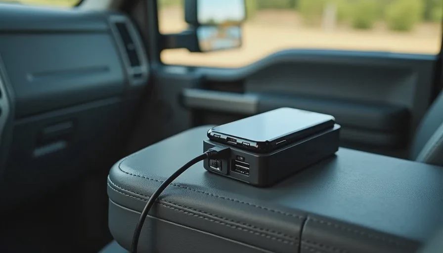 Topping up the phone from a truck-ready power bank between jobs Power bank plugged into a phone on the center console of a work truck during a service day.
