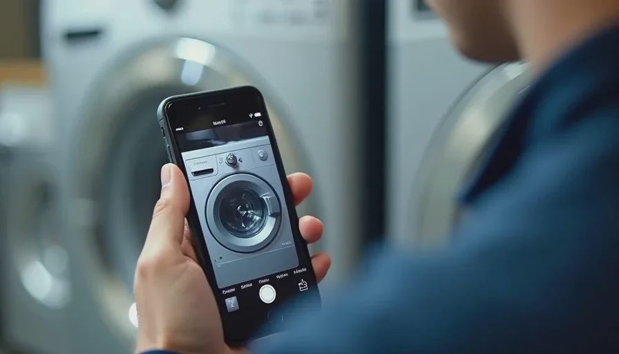 Simple photo and note method that works without immediate signal Smartphone camera capturing a clear photo of an appliance model and serial number with a short note.