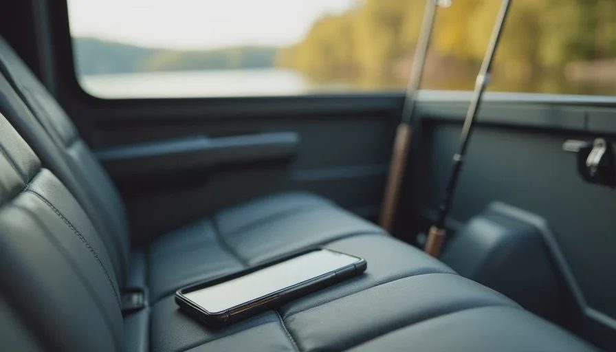 Phone left in the truck so outdoor time stays untracked Smartphone placed face down on the seat of a truck parked near a river, ready for a fishing session.