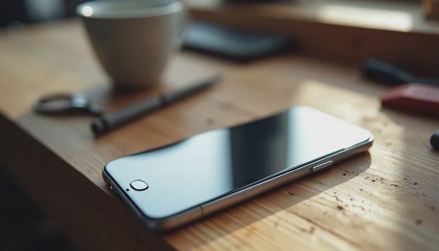 Phone face down during focused work while still reachable for key contacts Smartphone lying face down on a workbench during a focused work block, remaining reachable for priority calls.