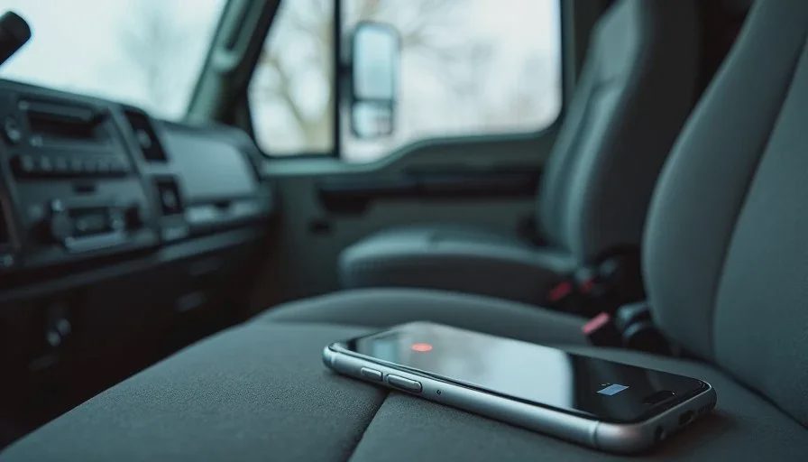 Smartphone resting on a cold truck seat showing a low battery warning in winter conditions.