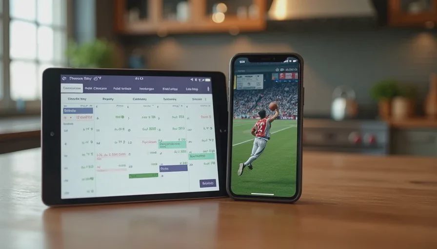 Shared family calendar open on a tablet next to a muted sports team app on a phone.