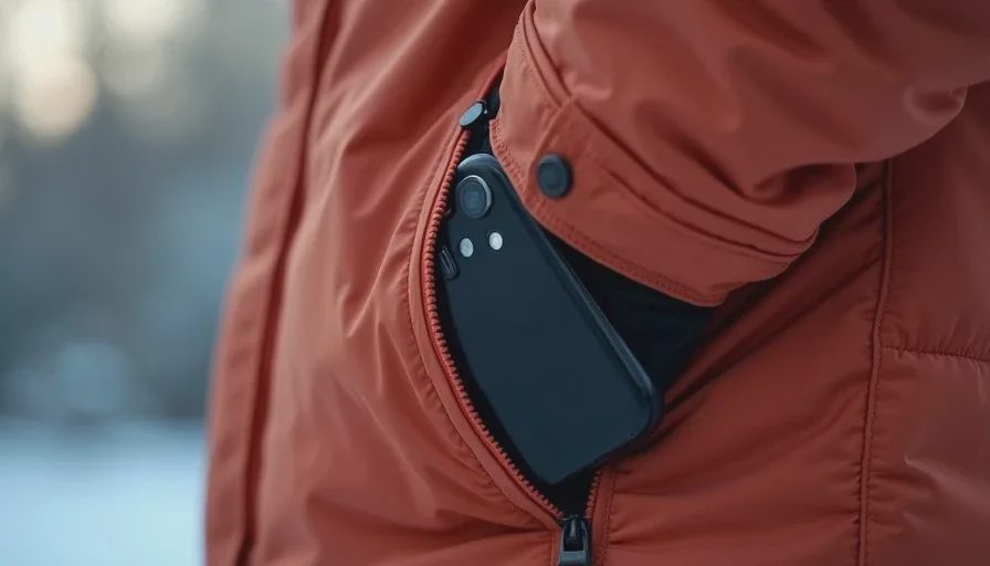 Hand placing a smartphone into an inside jacket pocket to keep it warmer in cold weather.