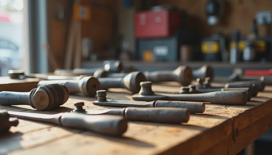 Simple garage setup for honest tool photos Used hand tools arranged on a clean workbench ready for clear listing photographs.