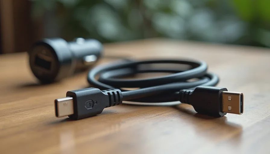 Compact cables and truck charger that complete the backup power kit Short durable charging cables and a 12-volt USB adapter stored together for work truck use.