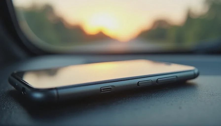 The phone left in the truck for a few protected morning hours Smartphone resting face down on the center console of a truck on a quiet weekend morning.
