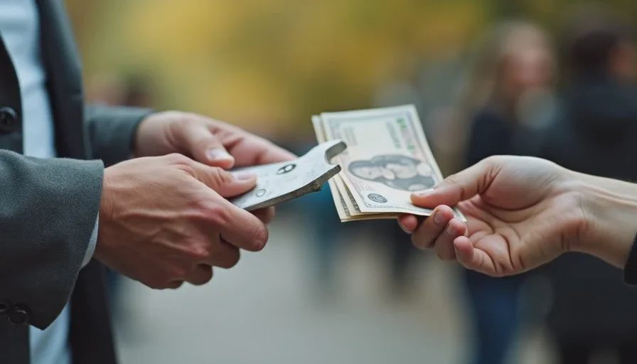 Hands exchanging cash and a used hand tool during a local Marketplace meetup.